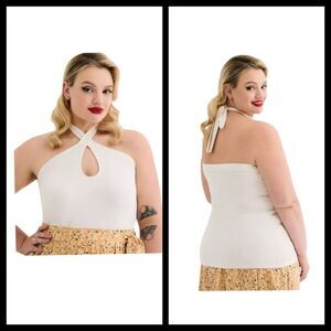 2X 18W 20W Torrid Cream Halter Top Twist Neck Retro Chic Foxy Tank Stretch Adjus